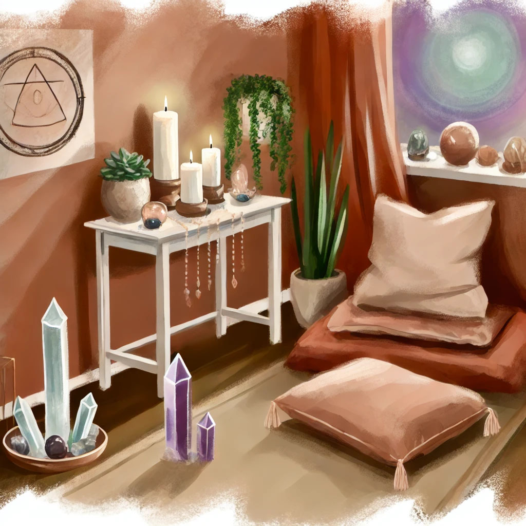 Ilustração de um espaço de meditação sereno e harmonioso com elementos naturais e decoração boho.