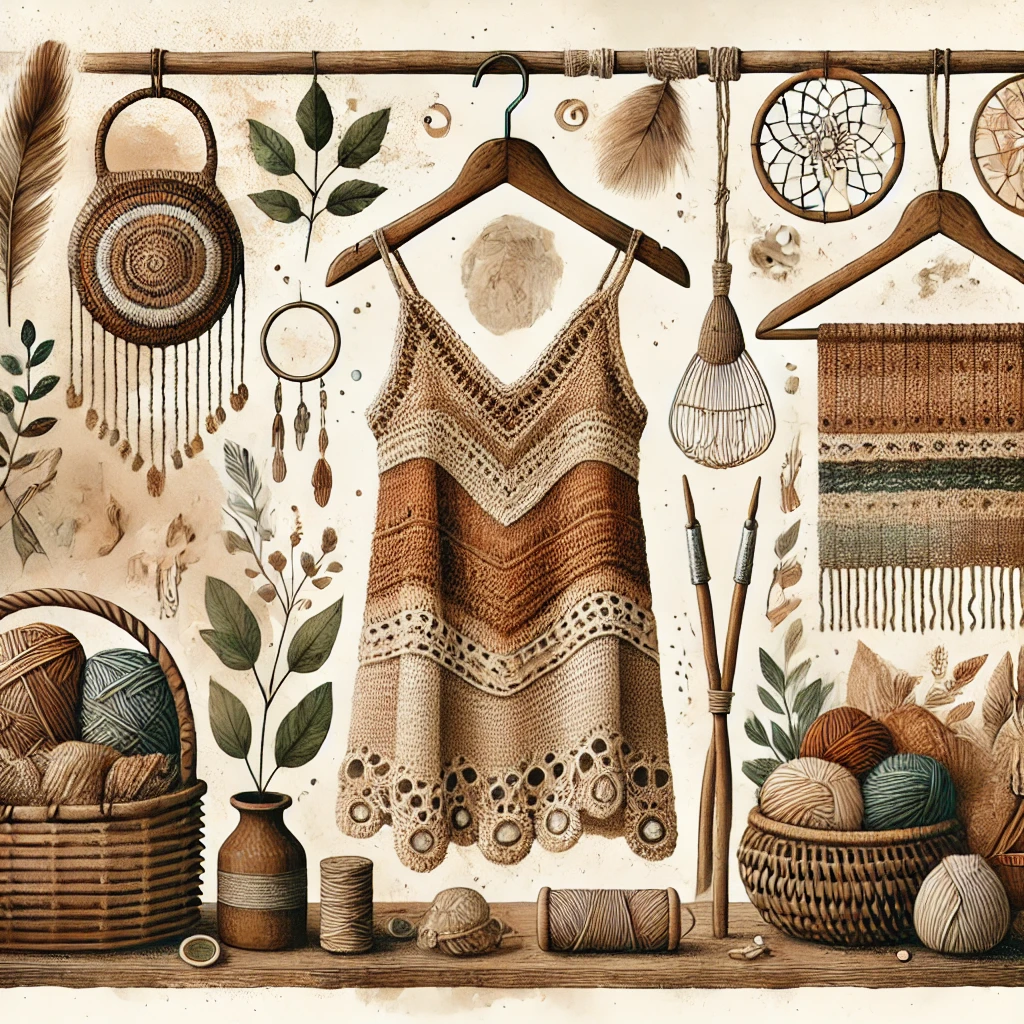 Ilustração boho em tons terrosos, apresentando um vestido de crochê e elementos de artesanato, representando o conceito de moda consciente.