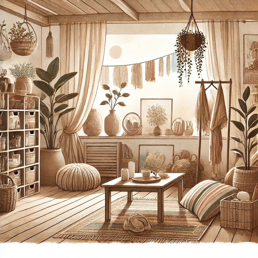 Ilustração boêmia em tons terrosos representando um ambiente sereno e organizado, com elementos de decoração que promovem o bem-estar.